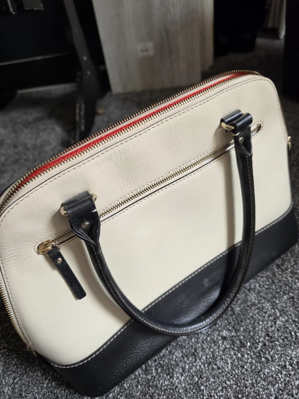 kate spade Cream and Black Dome Satchel with Gold Hardware